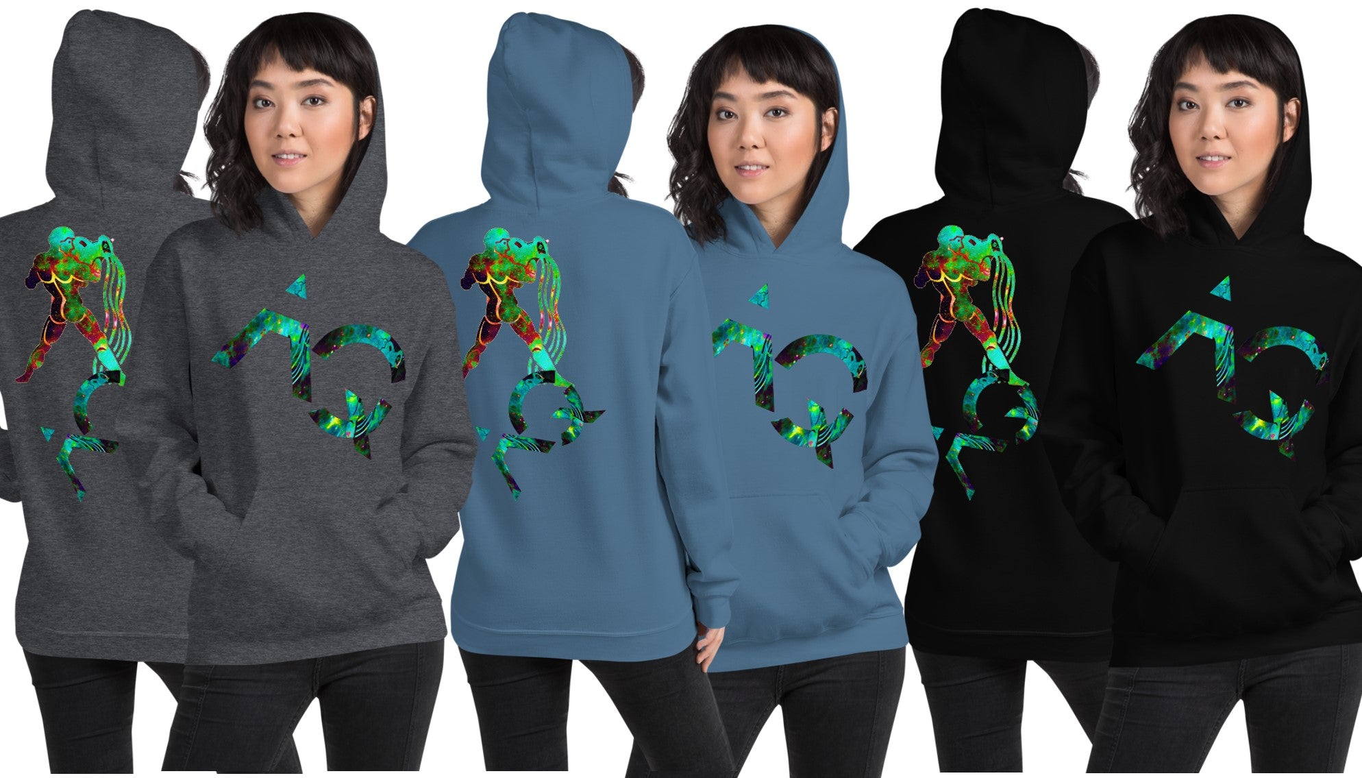 Hoodie for Girls-black, white, blue, pink, grey. Aquarius Star Sign. WickedYo.